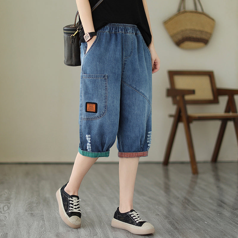 Loose-Fit Casual Plus-Size Capris With Distressed Wash And Elastic Waist For Women