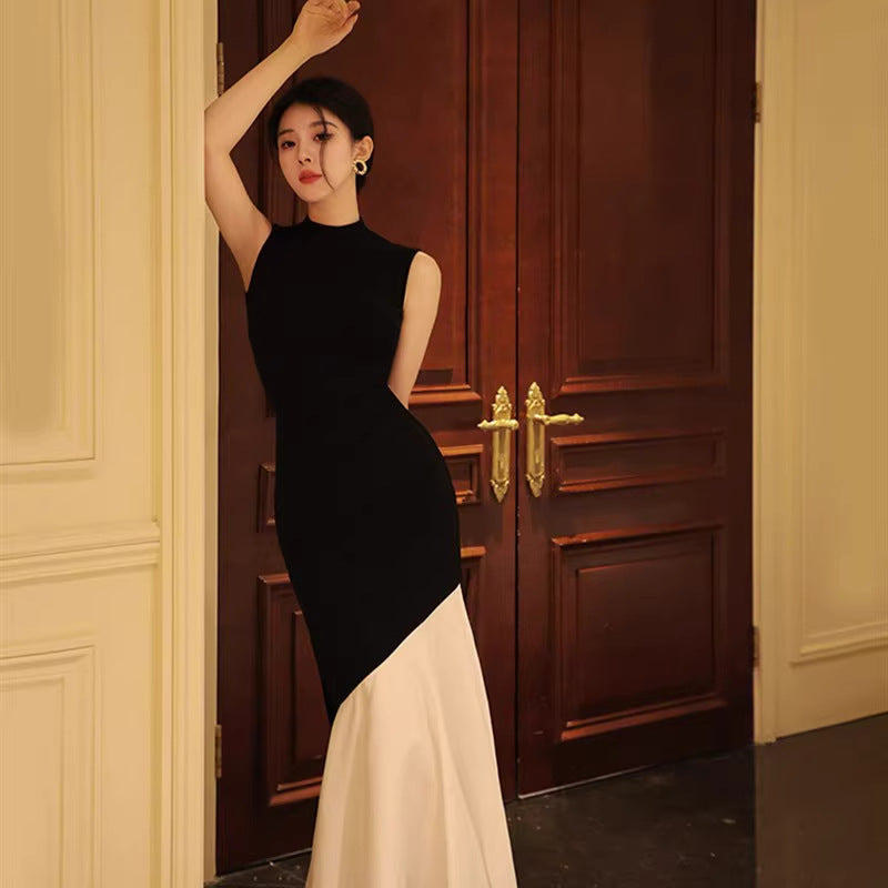 New Black Women's Summer Sleeveless Spliced Slim-Fit Elegant Fish-Tail Knit Maxi Dress