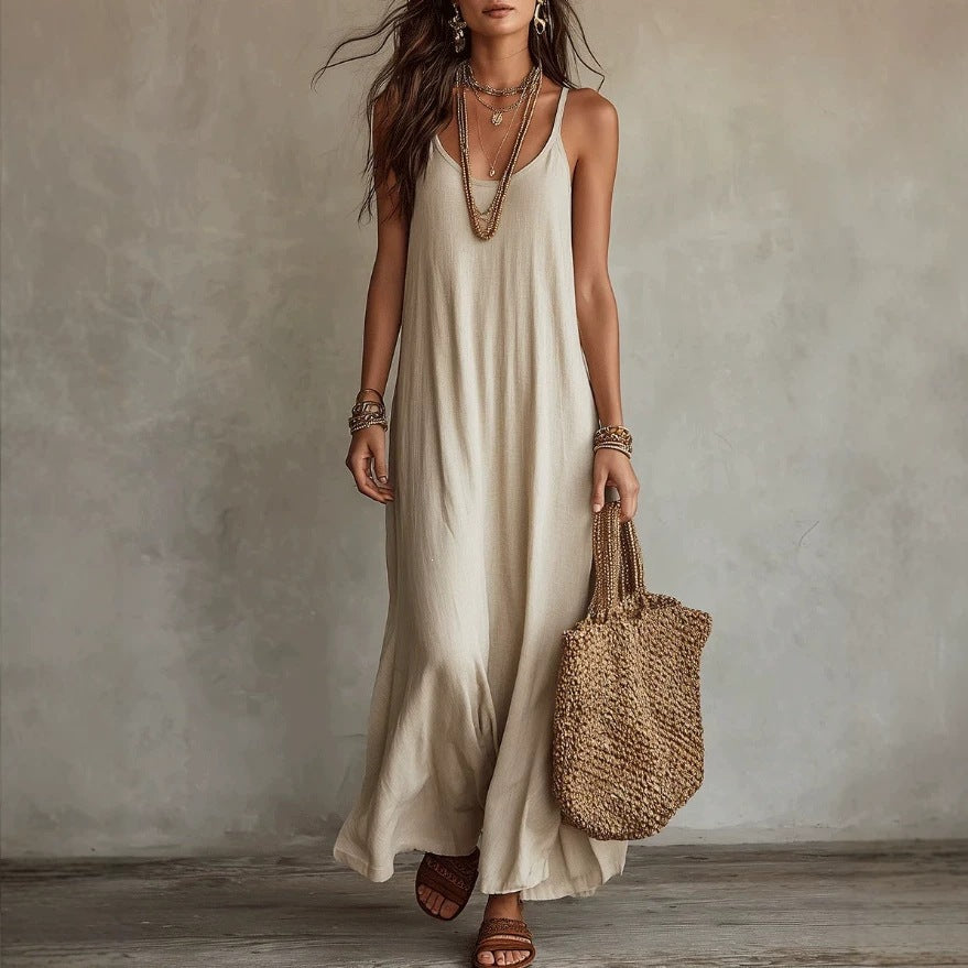 Women's Bohemian Loose-Fit Solid-Color Dress