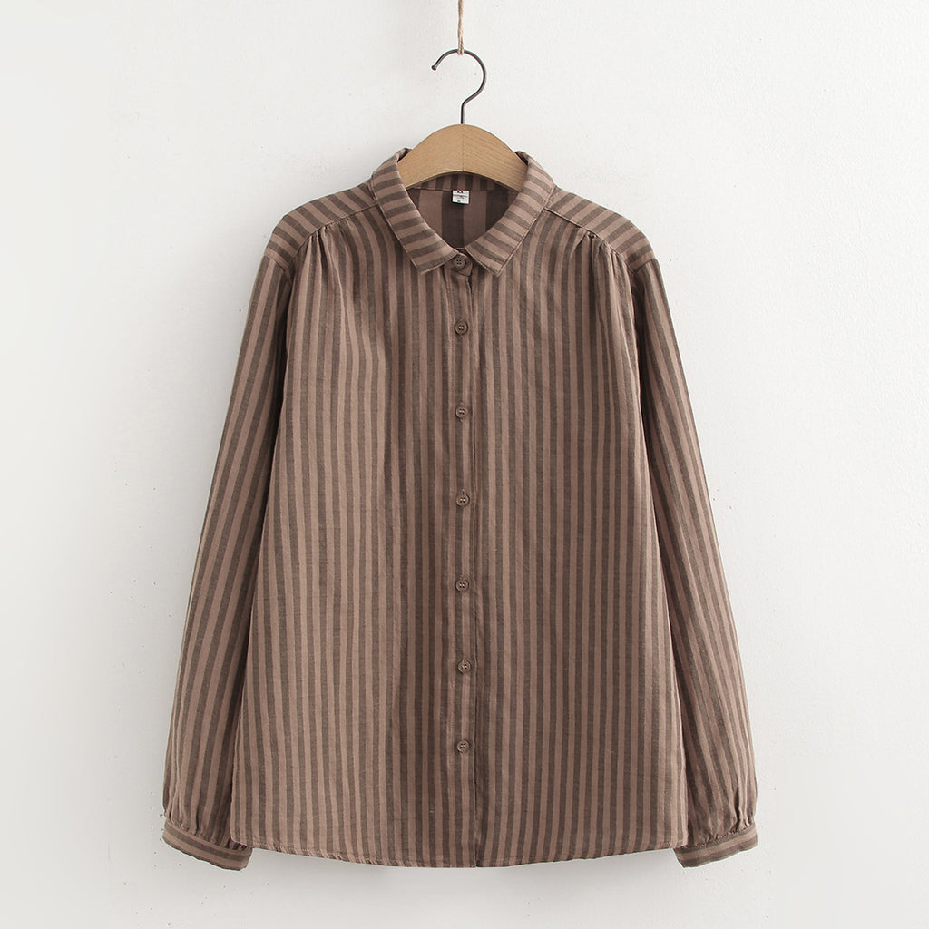 Korean-Style Striped Cotton-Linen Single-Breasted Long-Sleeve Shirt For Women
