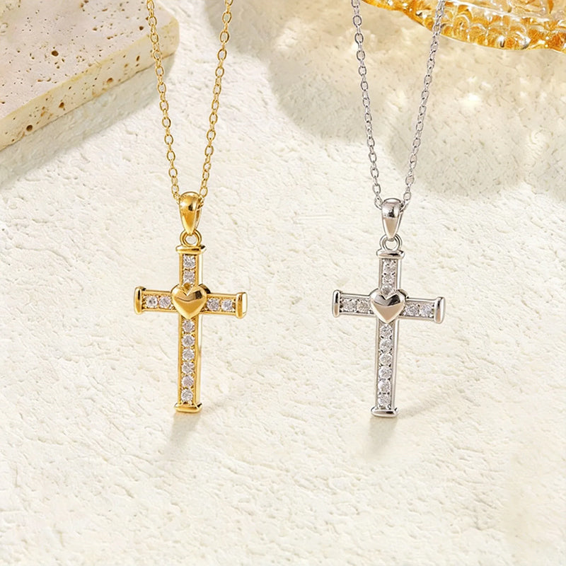 Stainless Steel Inlaid Rhinestone Heart-Shaped Cross Pendant Necklace