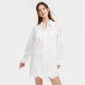 Women Long Sleeve Eyelet Embroidered Collared Mini Shirtdress White -Opens in a new window or tab