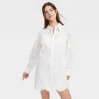 Women Long Sleeve Eyelet Embroidered Collared Mini Shirtdress White -Opens in a new window or tab