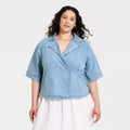 Women Short Sleeve Denim V-Neck Wrap Top - Ava & Viv LightOpens in a new window or tab